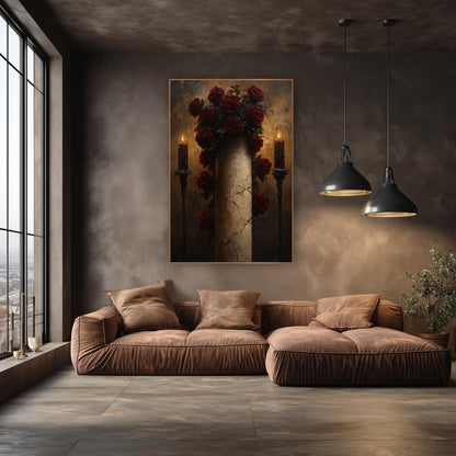 Dark Roses Candlelit Column Gothic wall art in an elegant modern room – dark red roses climbing a pale cracked column