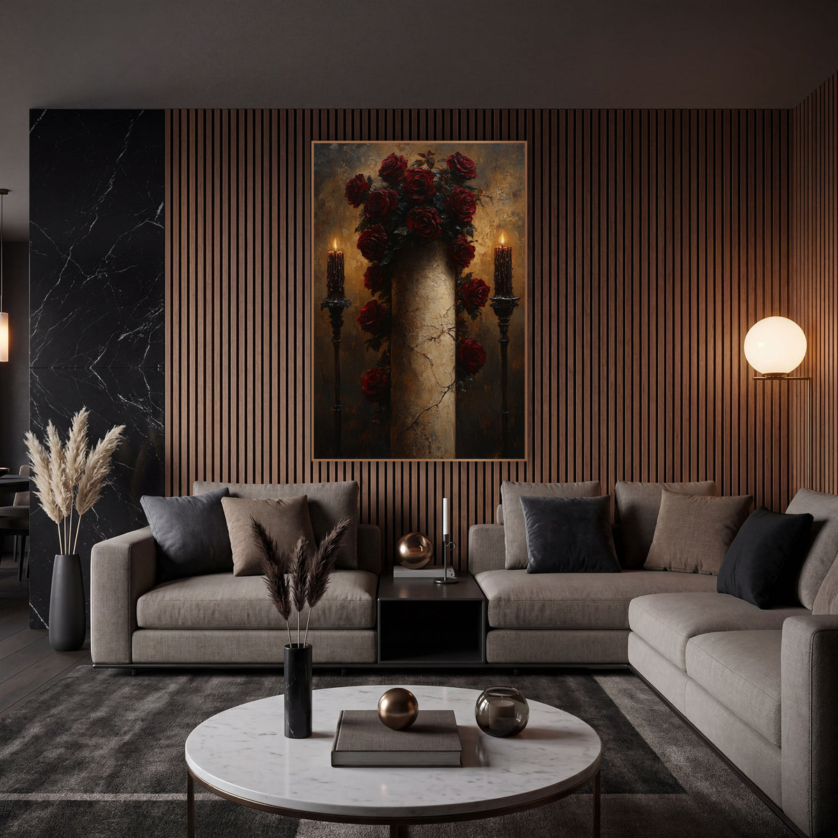 Dark Roses Candlelit Column Gothic wall art in an elegant modern room – dark red roses climbing a pale cracked column