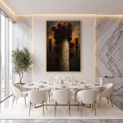 Dark Roses Candlelit Column Gothic wall art in an elegant modern room – dark red roses climbing a pale cracked column