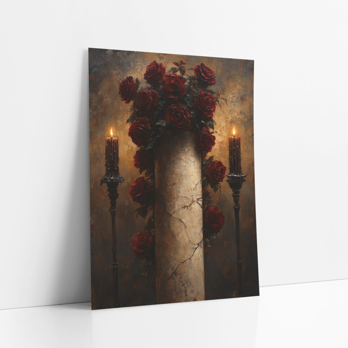 Dark Roses Candlelit Column Gothic art print leaning against a white wall – dark red roses climbing a pale cracked column