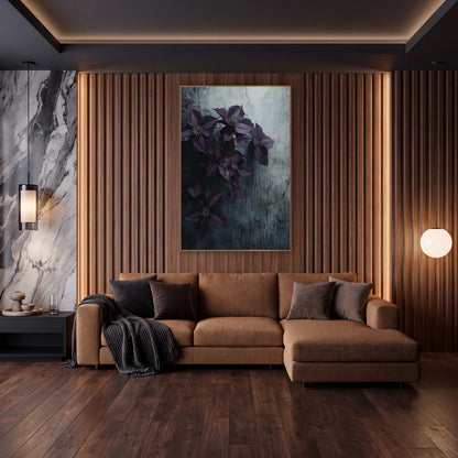 Aubergine Clematis Cascade Weathered Wall wall art in an elegant modern room – aubergine clematis flowers on a vine