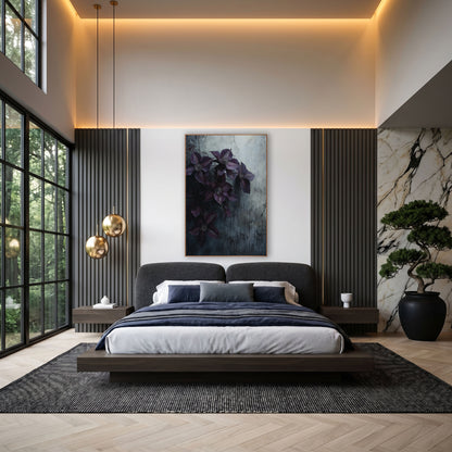 Aubergine Clematis Cascade Weathered Wall wall art in an elegant modern room – aubergine clematis flowers on a vine
