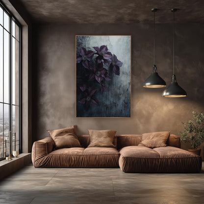 Aubergine Clematis Cascade Weathered Wall wall art in an elegant modern room – aubergine clematis flowers on a vine