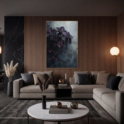 Aubergine Clematis Cascade Weathered Wall wall art in an elegant modern room – aubergine clematis flowers on a vine
