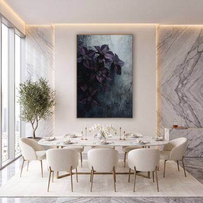 Aubergine Clematis Cascade Weathered Wall wall art in an elegant modern room – aubergine clematis flowers on a vine