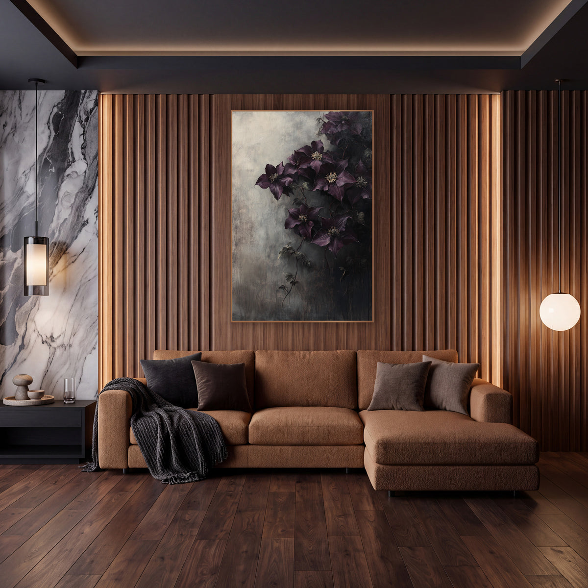 Aubergine Clematis Veil Misty Gradient wall art in an elegant modern room – dark purple clematis flowers with cream