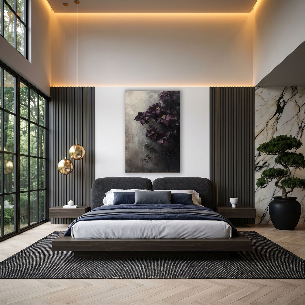 Aubergine Clematis Veil Misty Gradient wall art in an elegant modern room – dark purple clematis flowers with cream