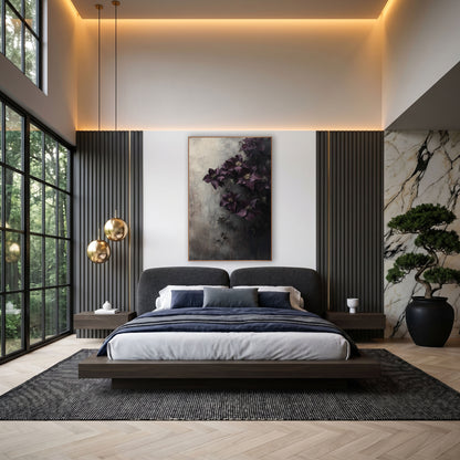 Aubergine Clematis Veil Misty Gradient wall art in an elegant modern room – dark purple clematis flowers with cream