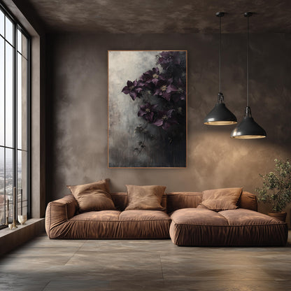 Aubergine Clematis Veil Misty Gradient wall art in an elegant modern room – dark purple clematis flowers with cream
