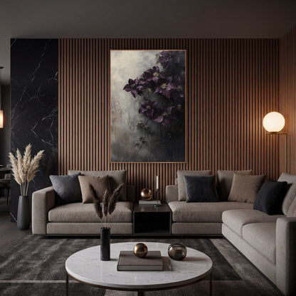 Aubergine Clematis Veil Misty Gradient wall art in an elegant modern room – dark purple clematis flowers with cream
