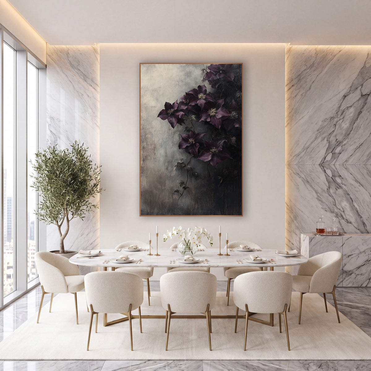 Aubergine Clematis Veil Misty Gradient wall art in an elegant modern room – dark purple clematis flowers with cream