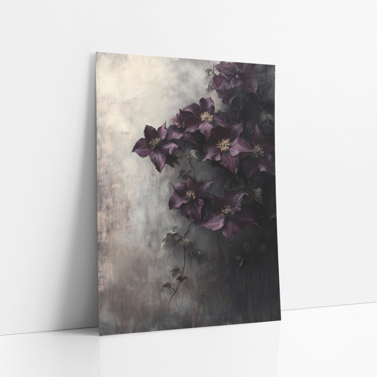 Aubergine Clematis Veil Misty Gradient art print leaning against a white wall – dark purple clematis flowers with cream