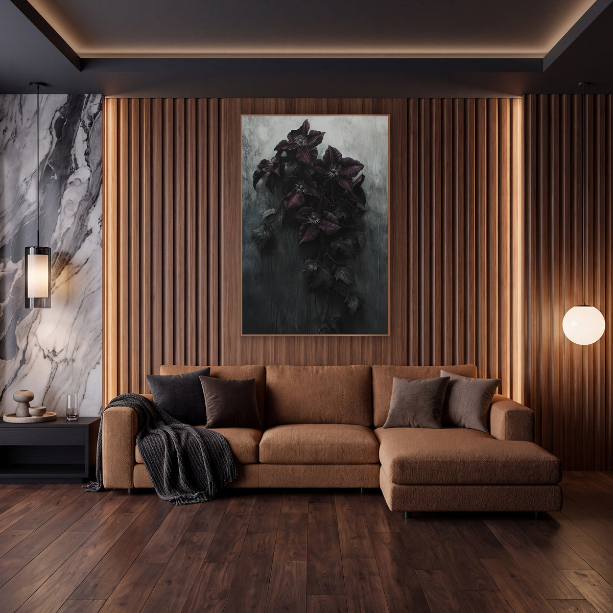 Dark Aubergine Clematis Vine Gothic wall art in an elegant modern room – five aubergine clematis flowers on a dark