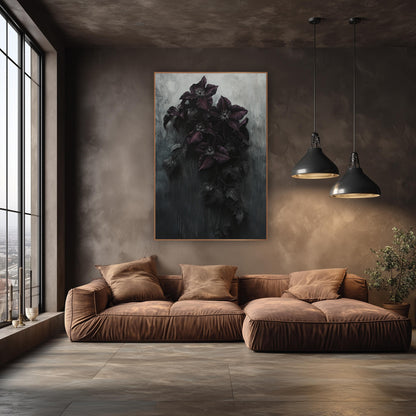 Dark Aubergine Clematis Vine Gothic wall art in an elegant modern room – five aubergine clematis flowers on a dark