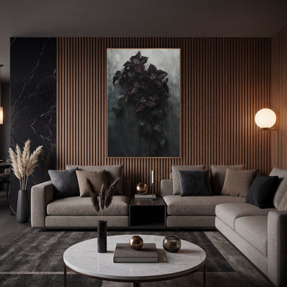 Dark Aubergine Clematis Vine Gothic wall art in an elegant modern room – five aubergine clematis flowers on a dark
