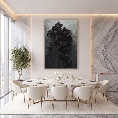 Dark Aubergine Clematis Vine Gothic wall art in an elegant modern room – five aubergine clematis flowers on a dark