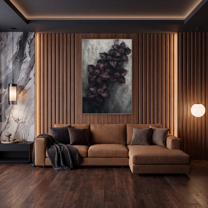 Plum Clematis Weathered Wall Moody wall art in an elegant modern room – five deep aubergine clematis flowers with pale