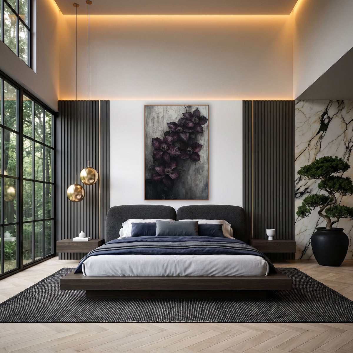 Plum Clematis Weathered Wall Moody wall art in an elegant modern room – five deep aubergine clematis flowers with pale