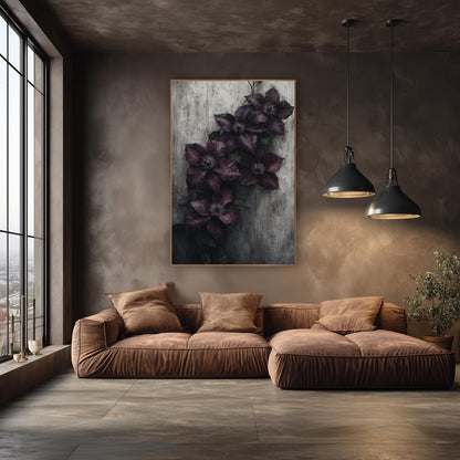 Plum Clematis Weathered Wall Moody wall art in an elegant modern room – five deep aubergine clematis flowers with pale