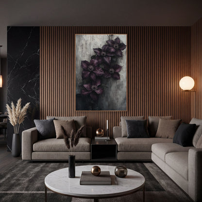 Plum Clematis Weathered Wall Moody wall art in an elegant modern room – five deep aubergine clematis flowers with pale