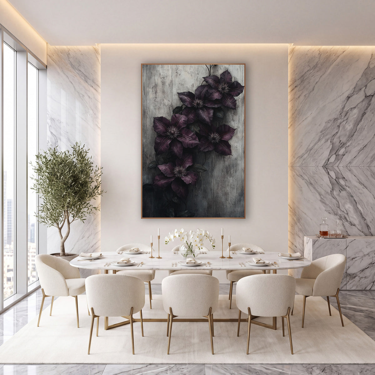 Plum Clematis Weathered Wall Moody wall art in an elegant modern room – five deep aubergine clematis flowers with pale