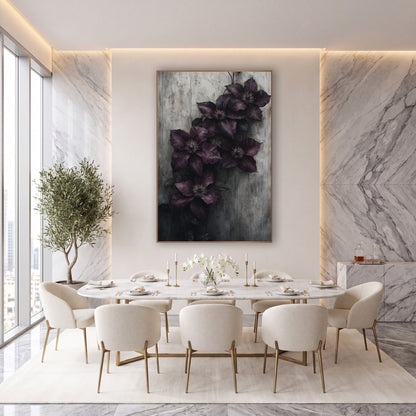 Plum Clematis Weathered Wall Moody wall art in an elegant modern room – five deep aubergine clematis flowers with pale