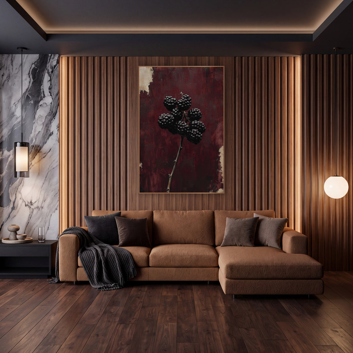 Upright Blackberry Stem Oxblood Botanical wall art in an elegant modern room – cluster of glossy dark blackberries