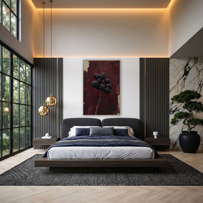 Upright Blackberry Stem Oxblood Botanical wall art in an elegant modern room – cluster of glossy dark blackberries