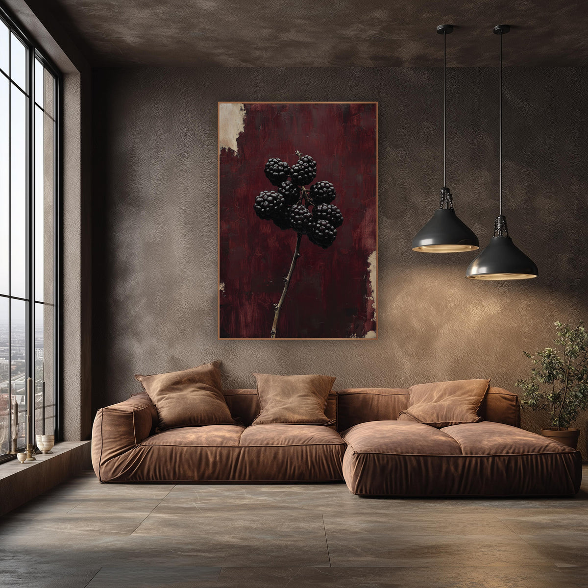Upright Blackberry Stem Oxblood Botanical wall art in an elegant modern room – cluster of glossy dark blackberries