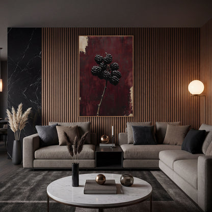 Upright Blackberry Stem Oxblood Botanical wall art in an elegant modern room – cluster of glossy dark blackberries