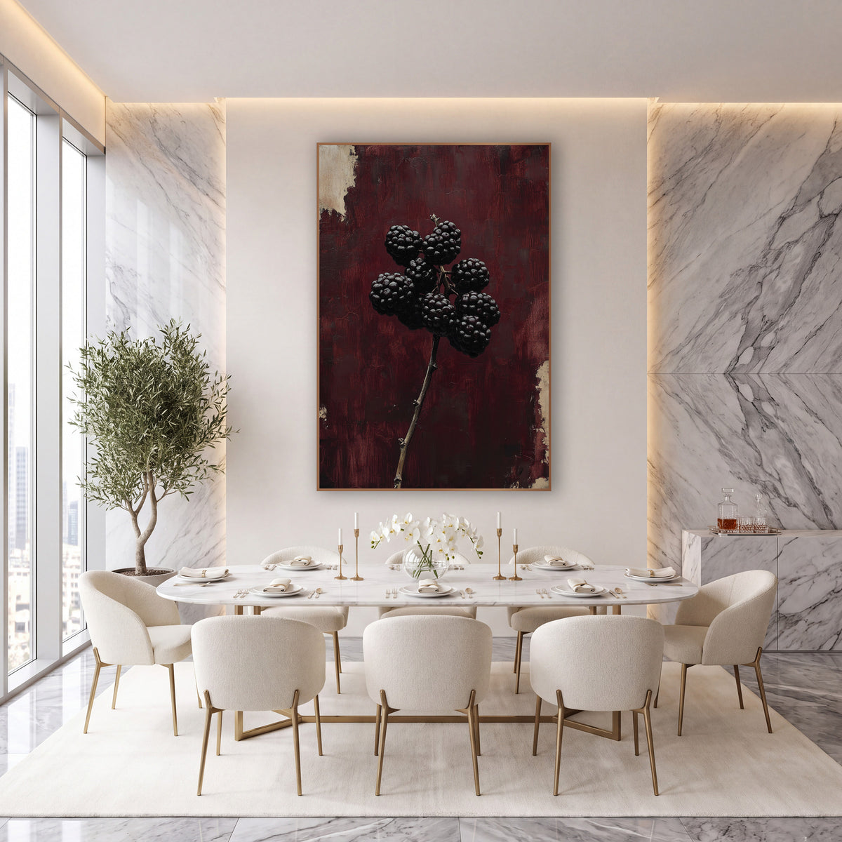 Upright Blackberry Stem Oxblood Botanical wall art in an elegant modern room – cluster of glossy dark blackberries