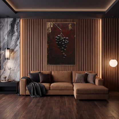 Dark Grape Cluster Old-World Luxe wall art in an elegant modern room – cluster of glossy dark berries on a bare branch