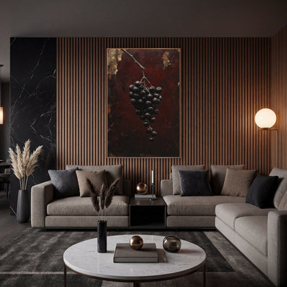 Dark Grape Cluster Old-World Luxe wall art in an elegant modern room – cluster of glossy dark berries on a bare branch