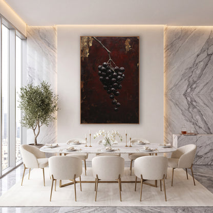 Dark Grape Cluster Old-World Luxe wall art in an elegant modern room – cluster of glossy dark berries on a bare branch