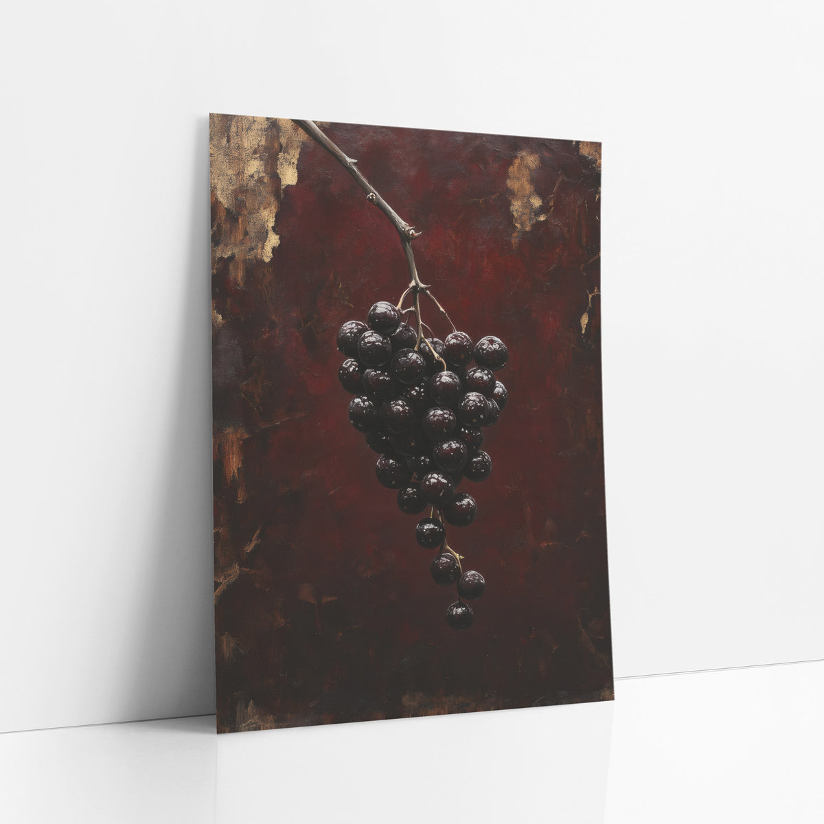 Dark Grape Cluster Old-World Luxe art print leaning against a white wall – cluster of glossy dark berries on a bare branch