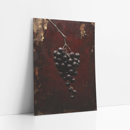Dark Grape Cluster Old-World Luxe art print leaning against a white wall – cluster of glossy dark berries on a bare branch