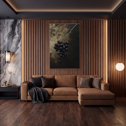 Dark Blackberry Branch Still Life wall art in an elegant modern room – cluster of dark blackberries on a thin bare