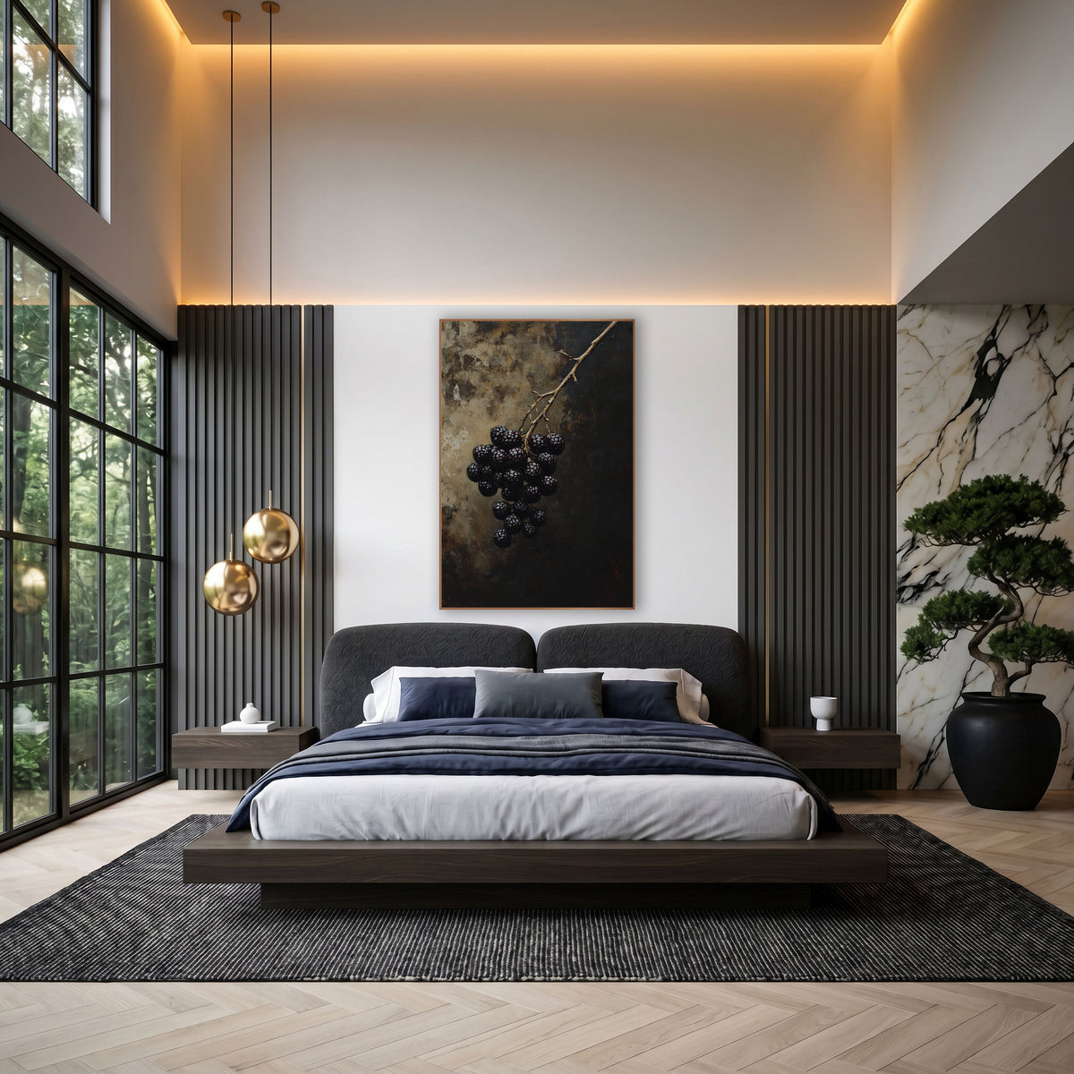 Dark Blackberry Branch Still Life wall art in an elegant modern room – cluster of dark blackberries on a thin bare