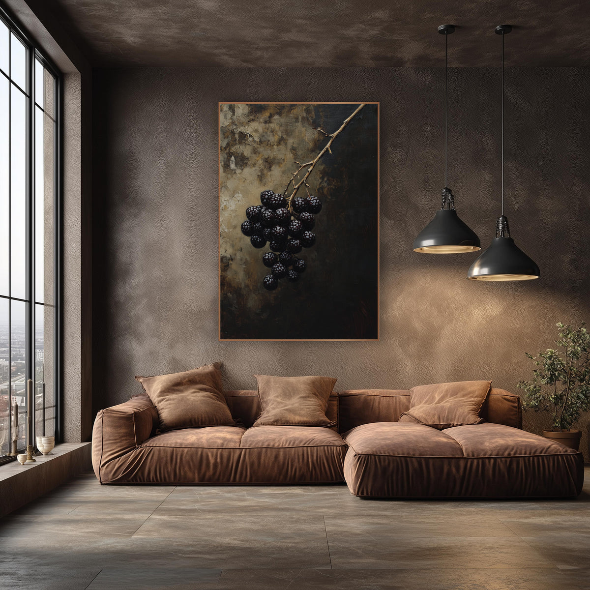 Dark Blackberry Branch Still Life wall art in an elegant modern room – cluster of dark blackberries on a thin bare