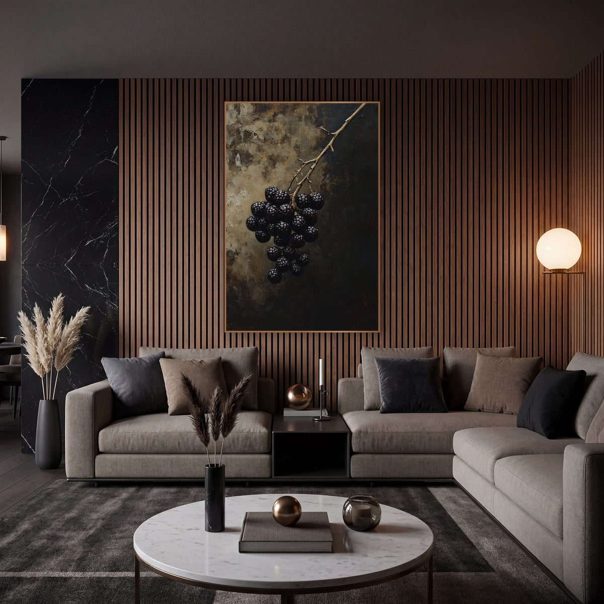 Dark Blackberry Branch Still Life wall art in an elegant modern room – cluster of dark blackberries on a thin bare