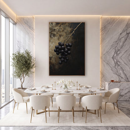 Dark Blackberry Branch Still Life wall art in an elegant modern room – cluster of dark blackberries on a thin bare