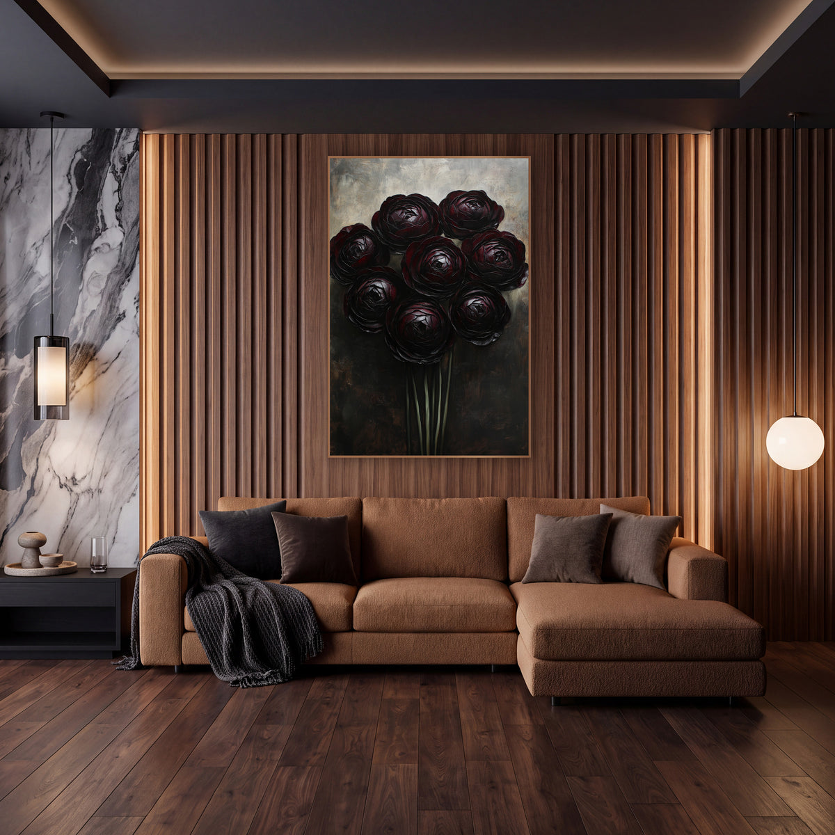 Dark Burgundy Ranunculus Cluster Moody Floral wall art in an elegant modern room – eight dark burgundy ranunculus