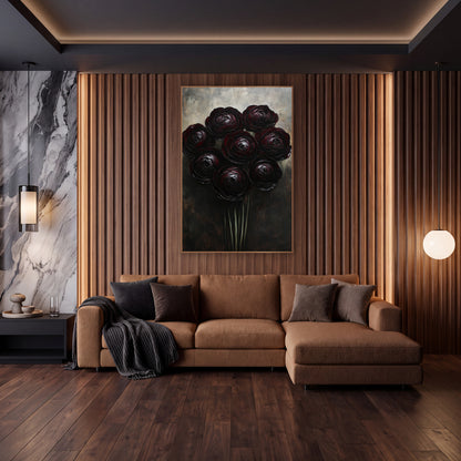 Dark Burgundy Ranunculus Cluster Moody Floral wall art in an elegant modern room – eight dark burgundy ranunculus