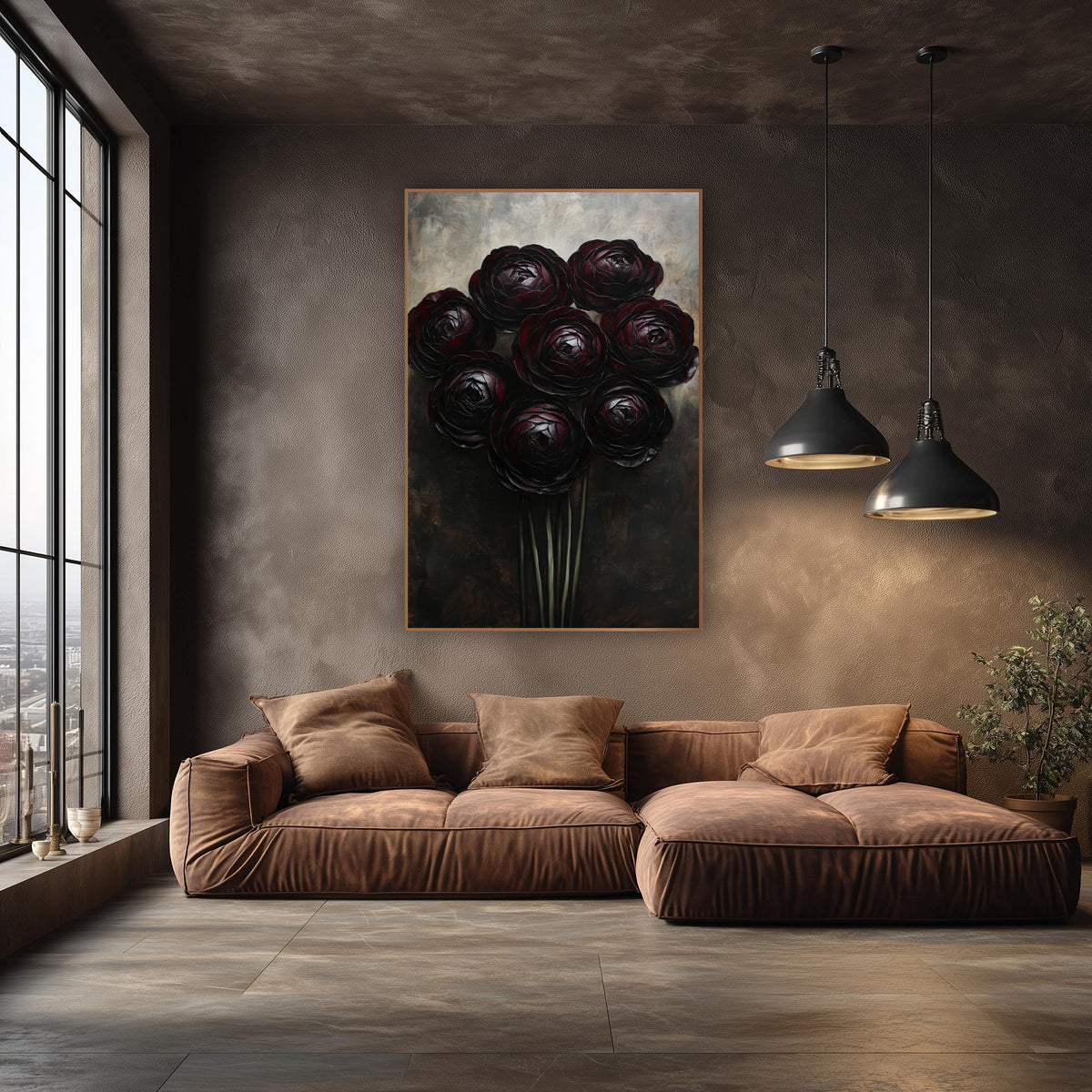 Dark Burgundy Ranunculus Cluster Moody Floral wall art in an elegant modern room – eight dark burgundy ranunculus