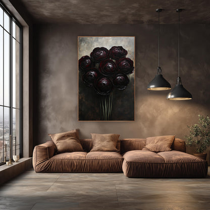 Dark Burgundy Ranunculus Cluster Moody Floral wall art in an elegant modern room – eight dark burgundy ranunculus