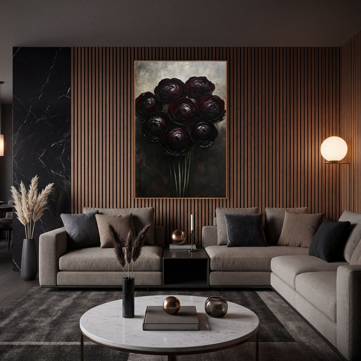 Dark Burgundy Ranunculus Cluster Moody Floral wall art in an elegant modern room – eight dark burgundy ranunculus