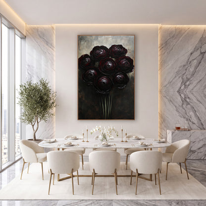 Dark Burgundy Ranunculus Cluster Moody Floral wall art in an elegant modern room – eight dark burgundy ranunculus