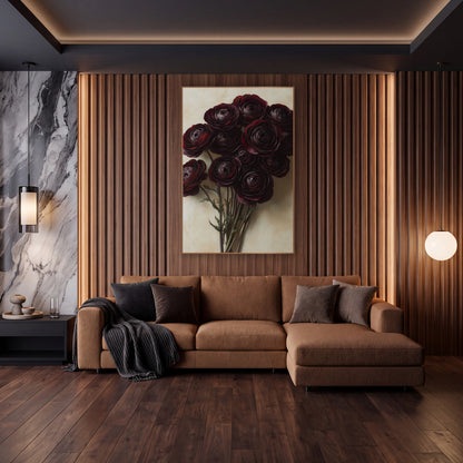 Crimson Ranunculus Spray Realism wall art in an elegant modern room – bouquet of eleven dark burgundy ranunculus
