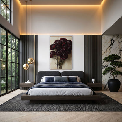 Crimson Ranunculus Spray Realism wall art in an elegant modern room – bouquet of eleven dark burgundy ranunculus