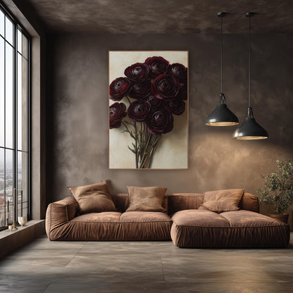 Crimson Ranunculus Spray Realism wall art in an elegant modern room – bouquet of eleven dark burgundy ranunculus